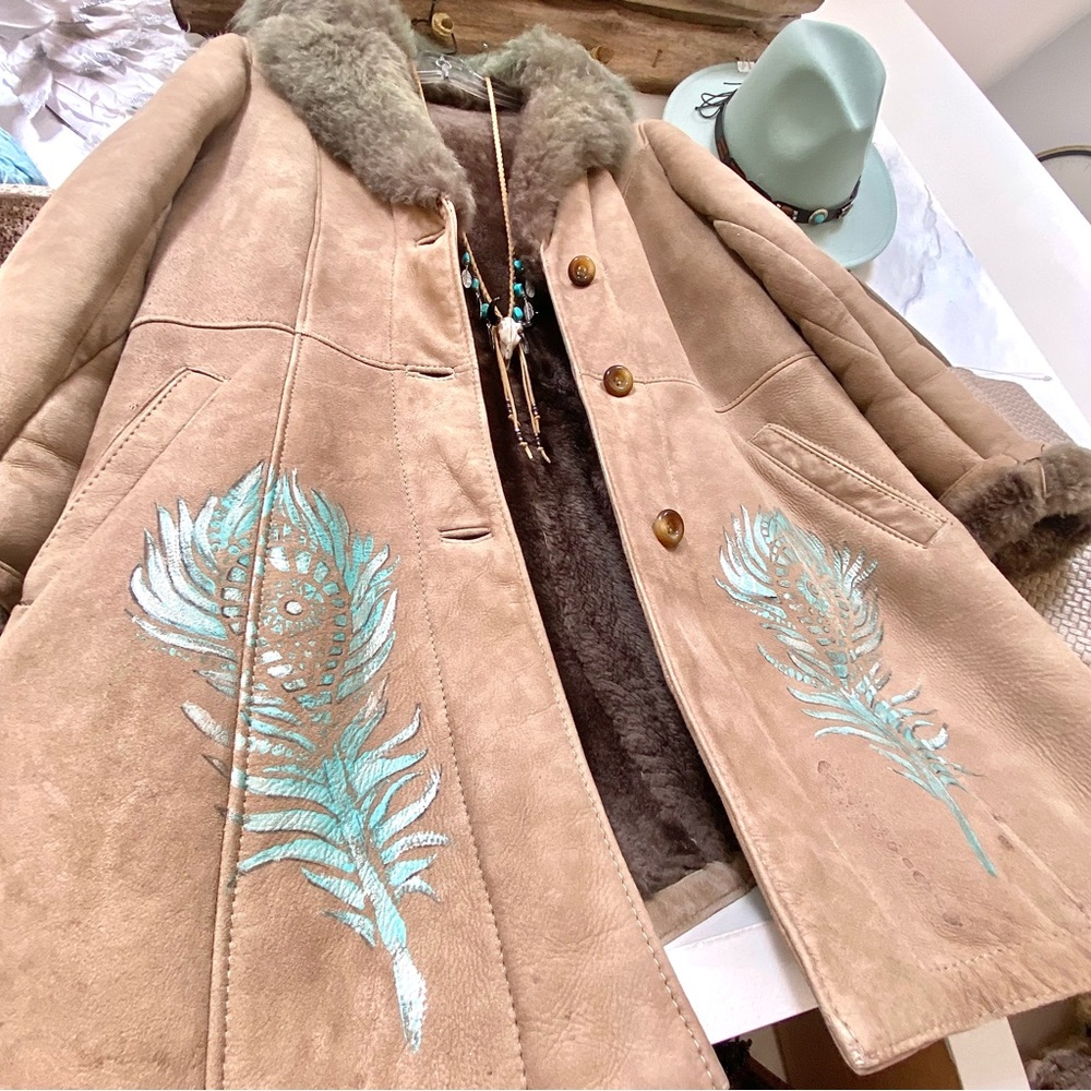 Handpainted Shearling rustic suede AQUA OMBRA leather Gypsy jacket blue feathers
